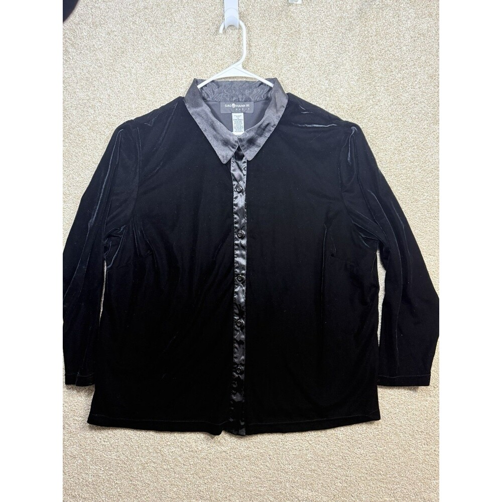 Sag Harbor Women's Black Velvet Satin Button Down Shirt Blouse Top Size 3X VTG